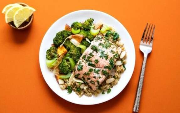 broccoli, vegetables and salmon dish