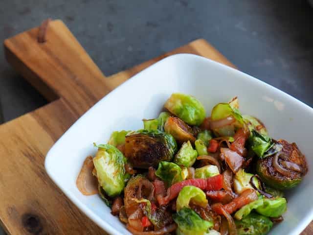 brussels sprouts, red onion and bacon