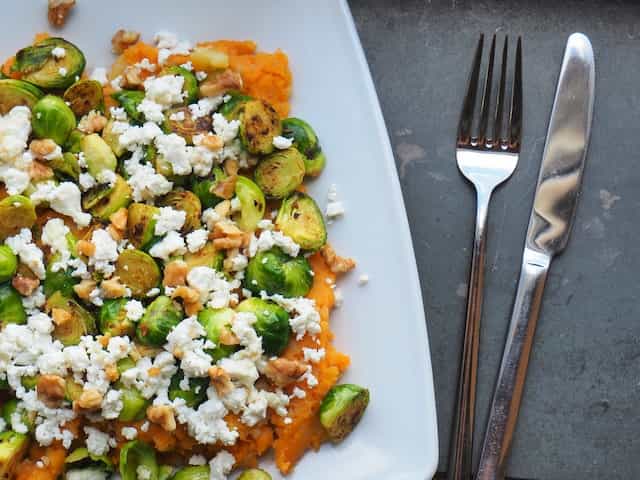 squash pure, roast Brussel sprouts and feta dish