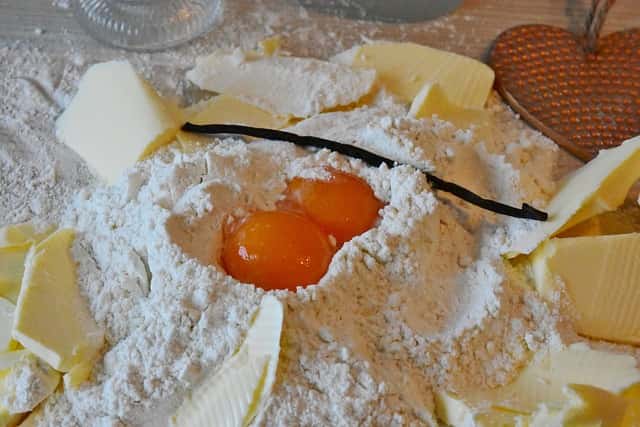butter, flour, eggs and vanilla pod