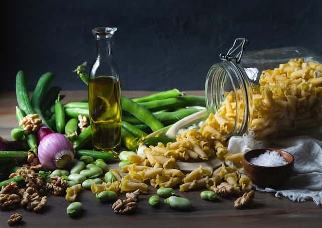 fava beans, vegetables, dry pasta and seasonings