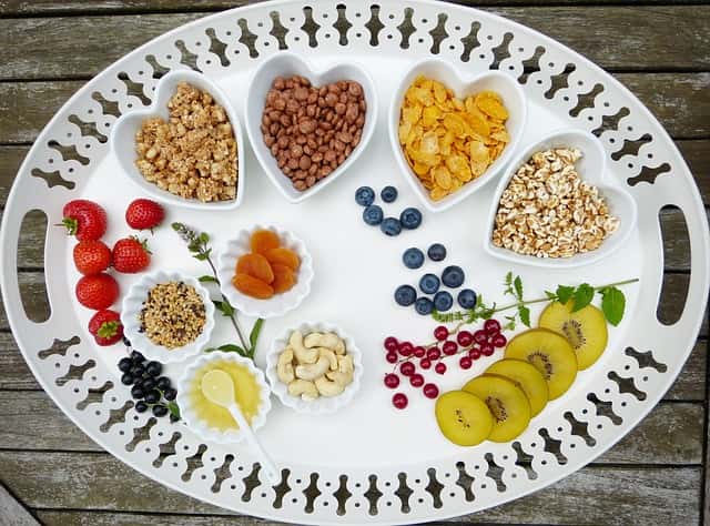 multiple fruits, seeds and cereals choices for breakfast