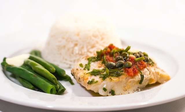 pan fried cod, capers and tomato sauce, served with rice and green beans