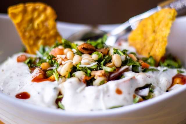 Lima beans salad, with yoghurt dressing and nuts for toping