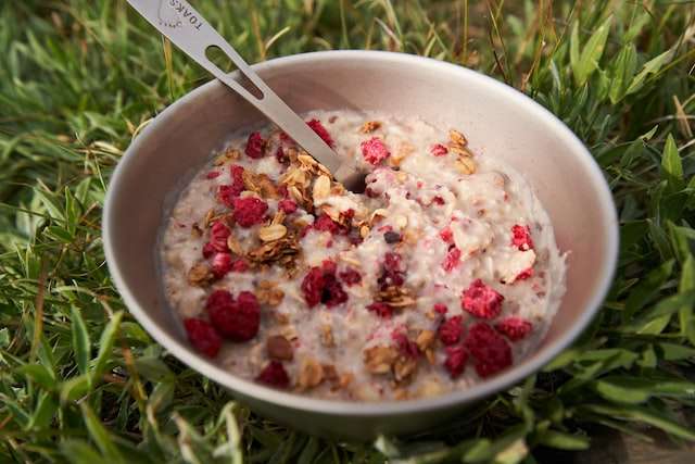oats porridge served with raspberries and toasted seeds