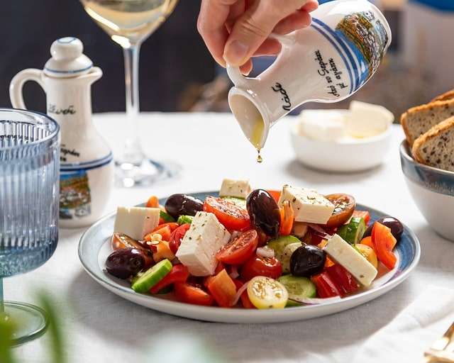 Greek salad with Kalamata olives and olive oil