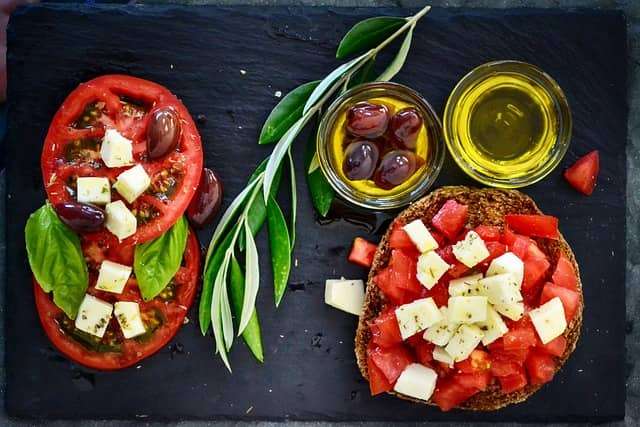 olives, tomato, feta cheese and olive oil