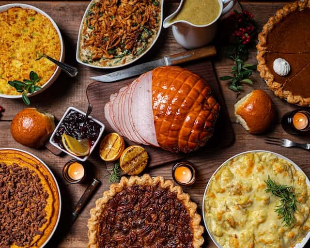 Thanksgiving pecan pie and full turkey dinner