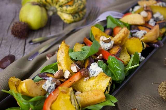 Roasted quince, vegetables and blue cheese salad