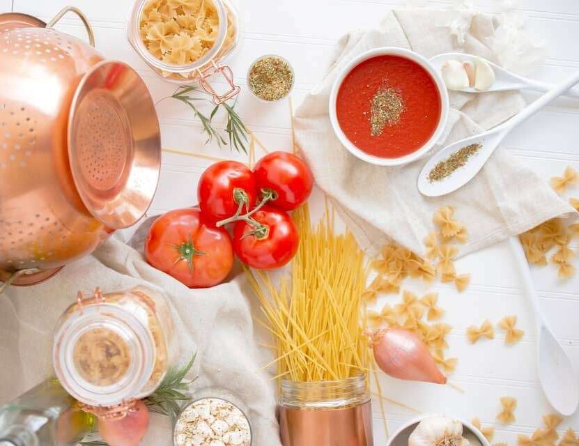Tomato sauce and pasta ingredients