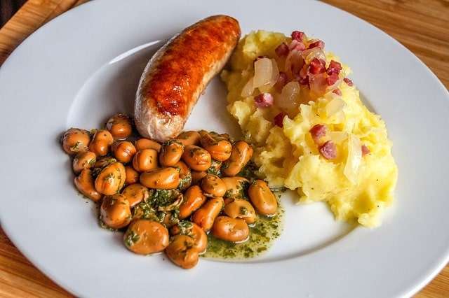 Turnip and potato mash with sausage and beans